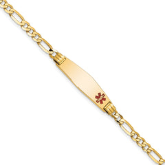 14K Medical Solid Chain/Solid Plate 26x7mm Soft Diamond Shape Off-Center Red Enamel Figaro Link 7 inch ID Bracelet