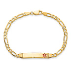 14K Medical Solid Chain/Solid Plate 26x5mm Off-Center Red Enamel Figaro Link 8 inch ID Bracelet