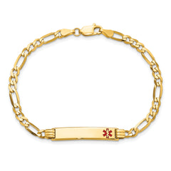 14K Medical Solid Chain/Solid Plate 26x5mm Off-Center Red Enamel Figaro Link 7 inch ID Bracelet
