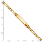 14K Medical Solid Chain/Solid Plate 26x5mm Off-Center Red Enamel Figaro Link 7 inch ID Bracelet