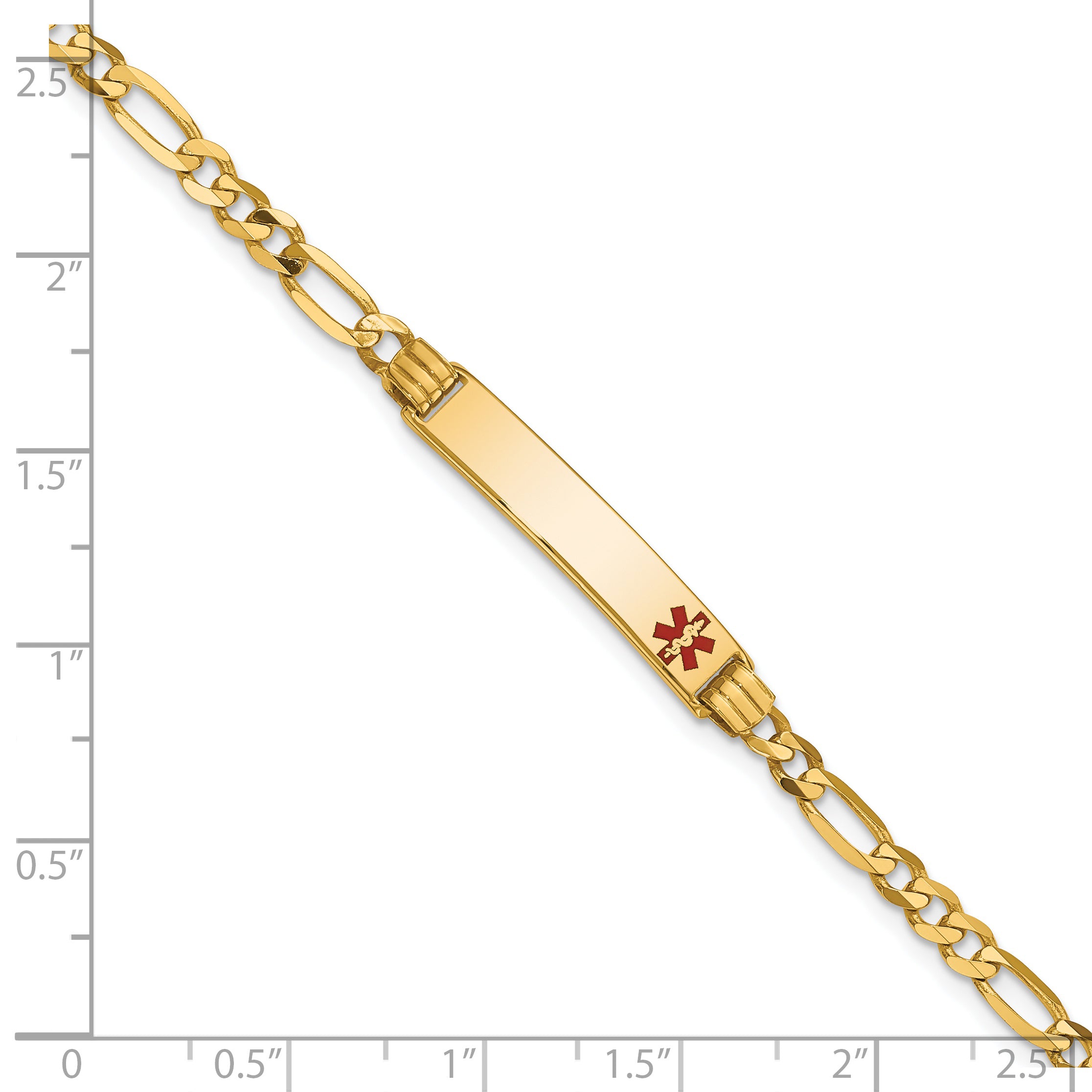 14K Medical Solid Chain/Solid Plate 26x5mm Off-Center Red Enamel Figaro Link 8 inch ID Bracelet