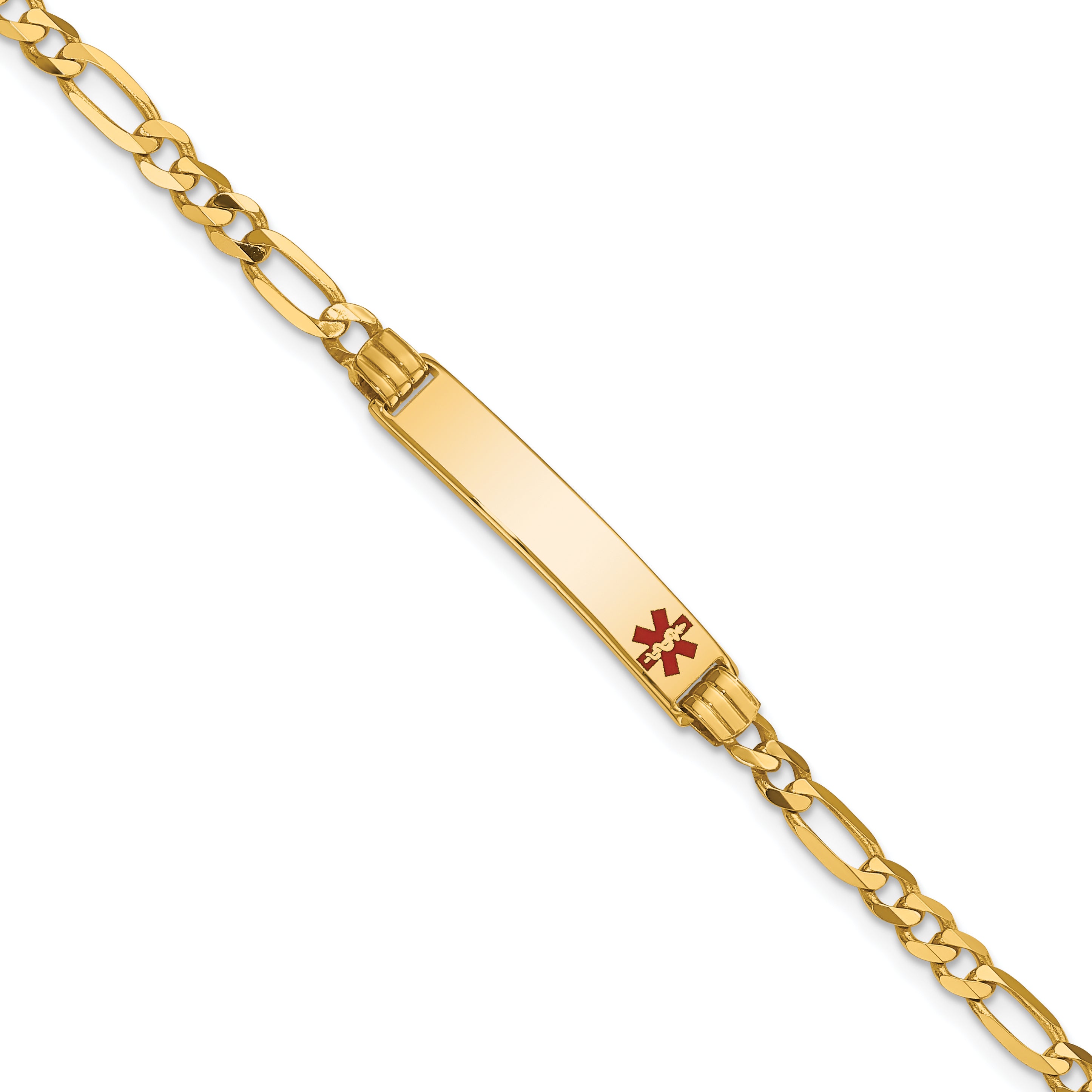 14K Medical Solid Chain/Solid Plate 26x5mm Off-Center Red Enamel Figaro Link 7 inch ID Bracelet Main image