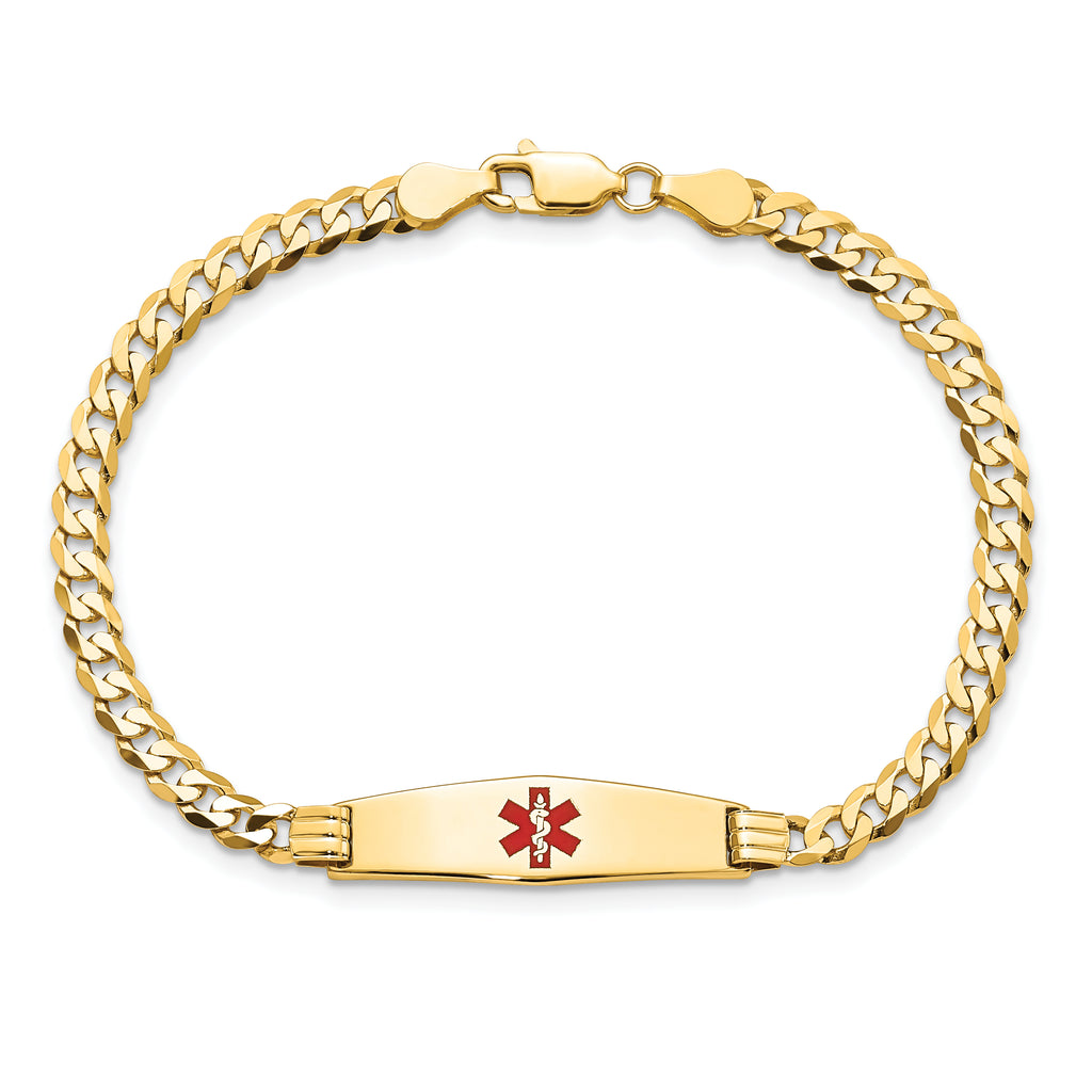 14K Medical Solid Chain/Solid Plate 24x7mm Soft Diamond Shape Centered Red Enamel Curb Link 7 inch ID Bracelet