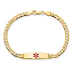 14K Medical Solid Chain/Solid Plate 24x7mm Soft Diamond Shape Centered Red Enamel Curb Link 7 inch ID Bracelet