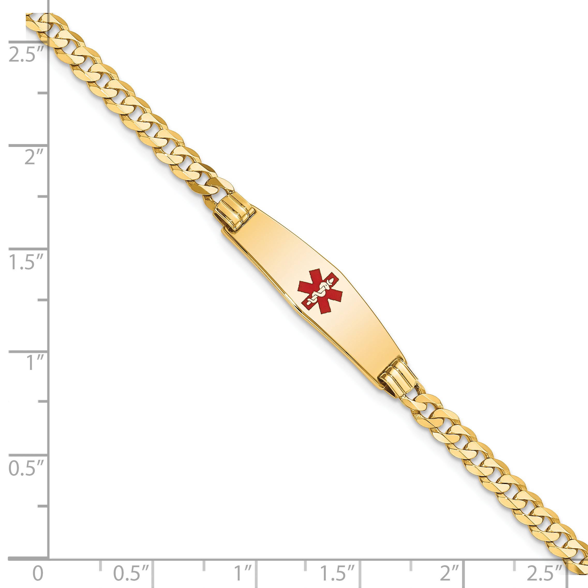 14K Medical Solid Chain/Solid Plate 24x7mm Soft Diamond Shape Centered Red Enamel Curb Link 7 inch ID Bracelet