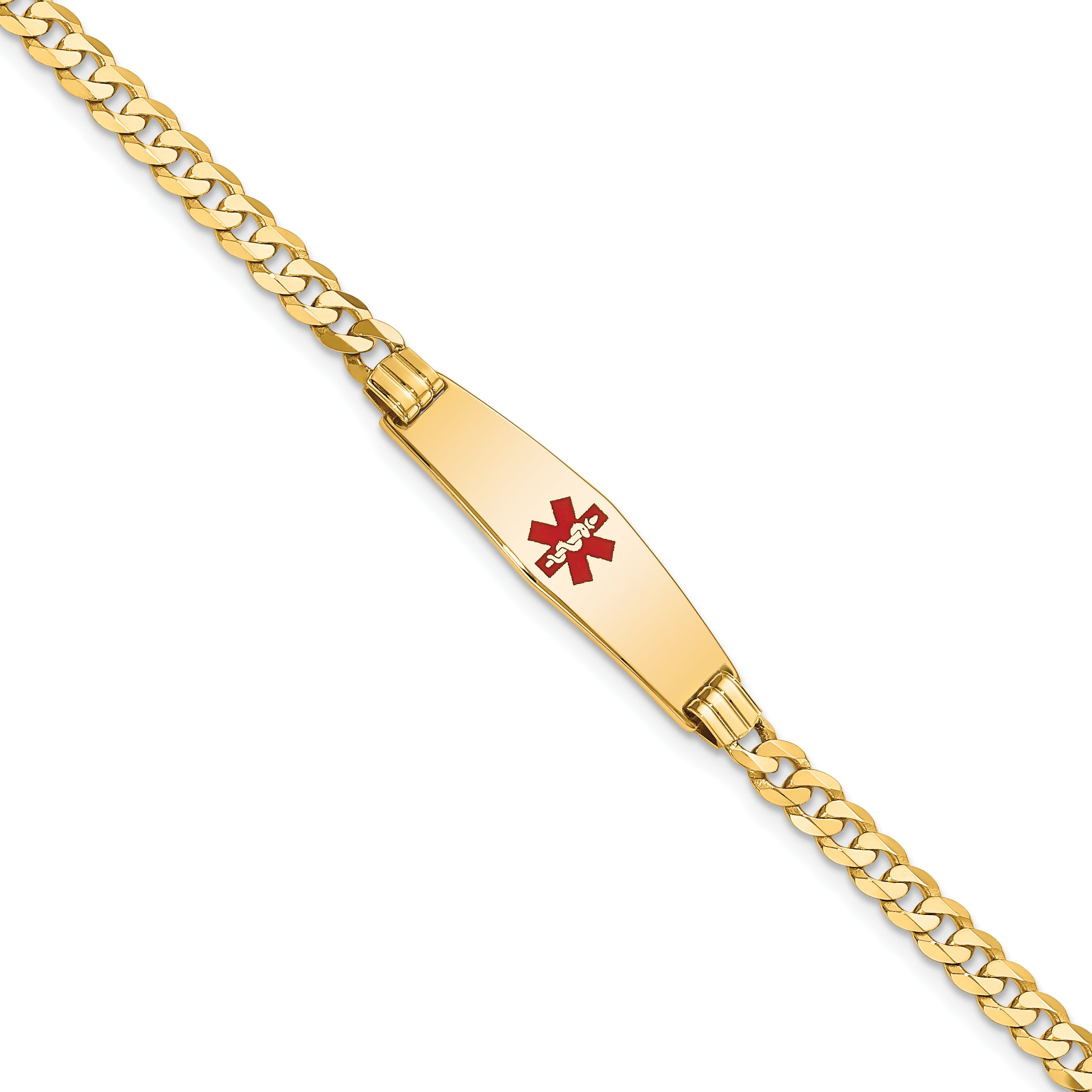 14K Medical Solid Chain/Solid Plate 24x7mm Soft Diamond Shape Centered Red Enamel Curb Link 7 inch ID Bracelet