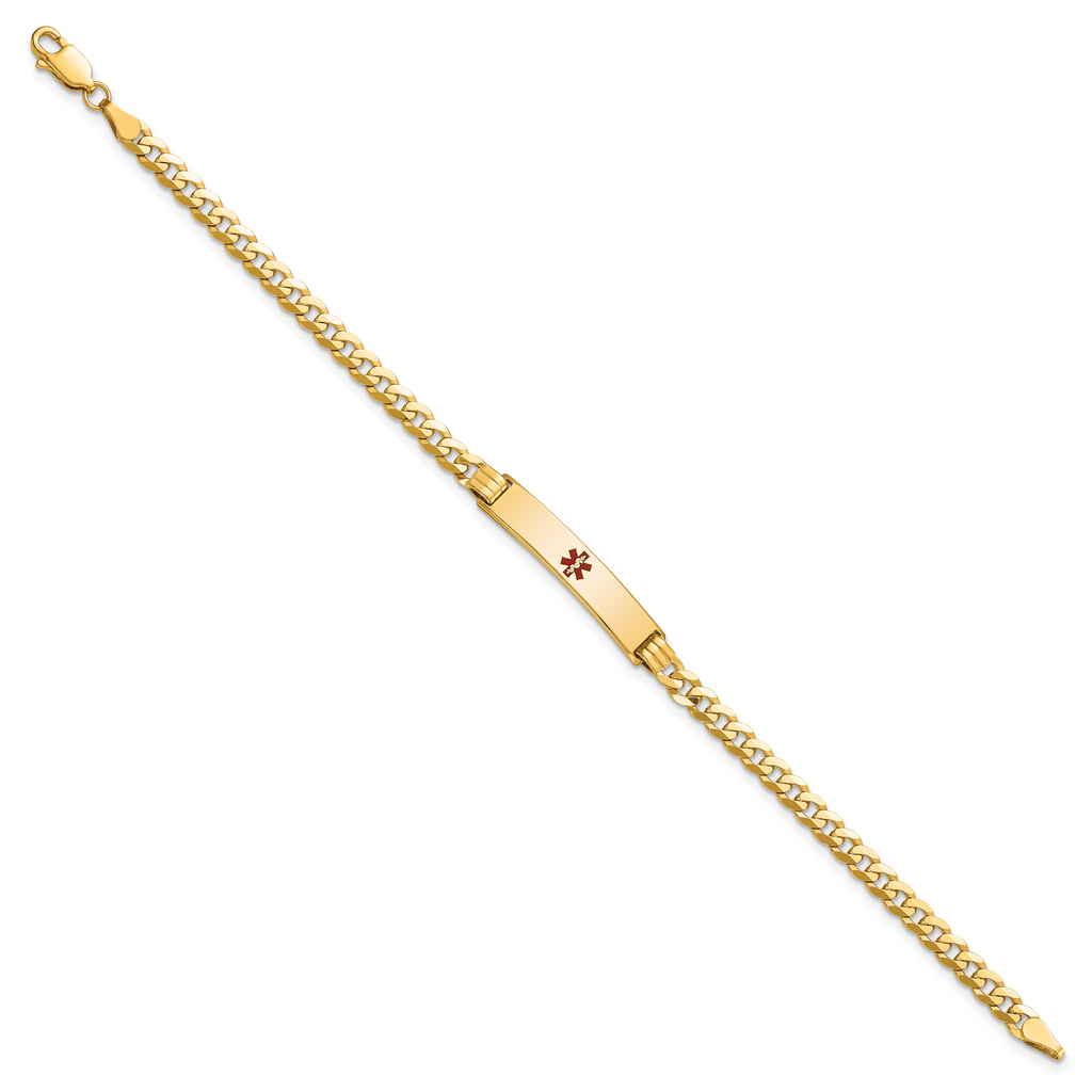 14K Medical Solid Chain/Solid Plate 26x5mm Centered Red Enamel Curb Link 8 inch ID Bracelet