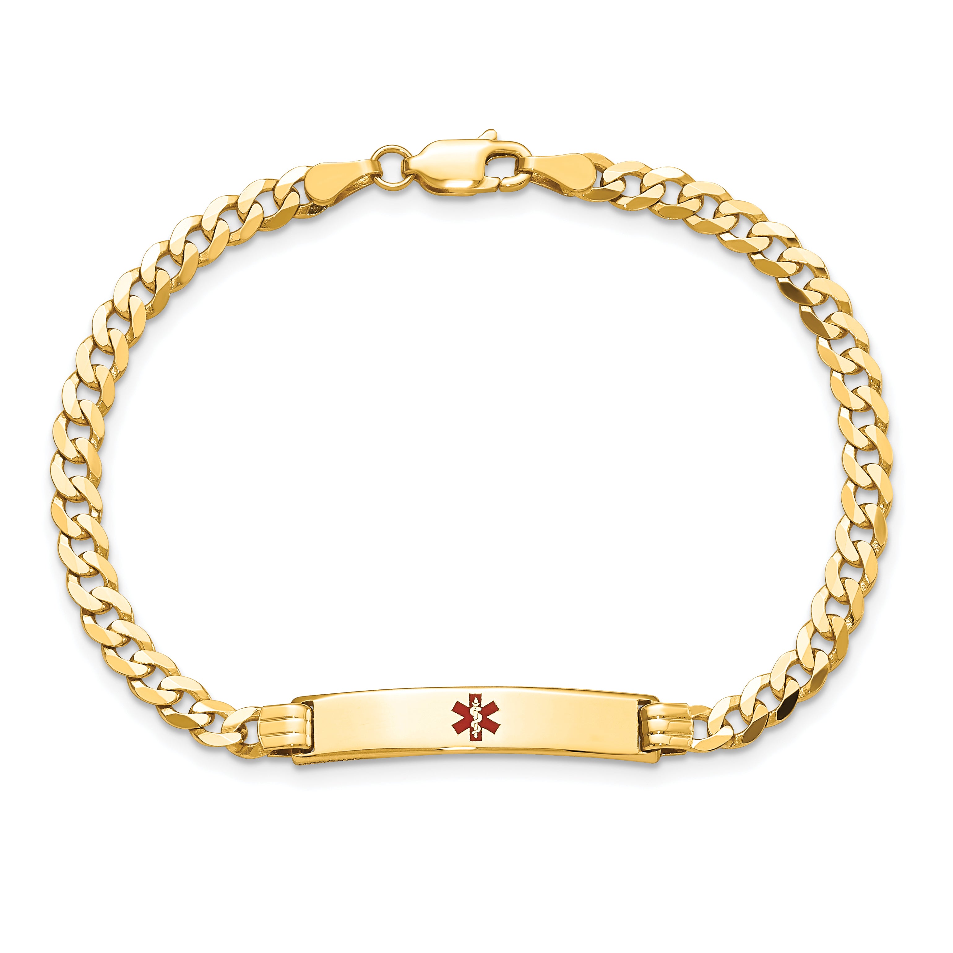 14K Medical Solid Chain/Solid Plate 26x5mm Centered Red Enamel Curb Link 7 inch ID Bracelet