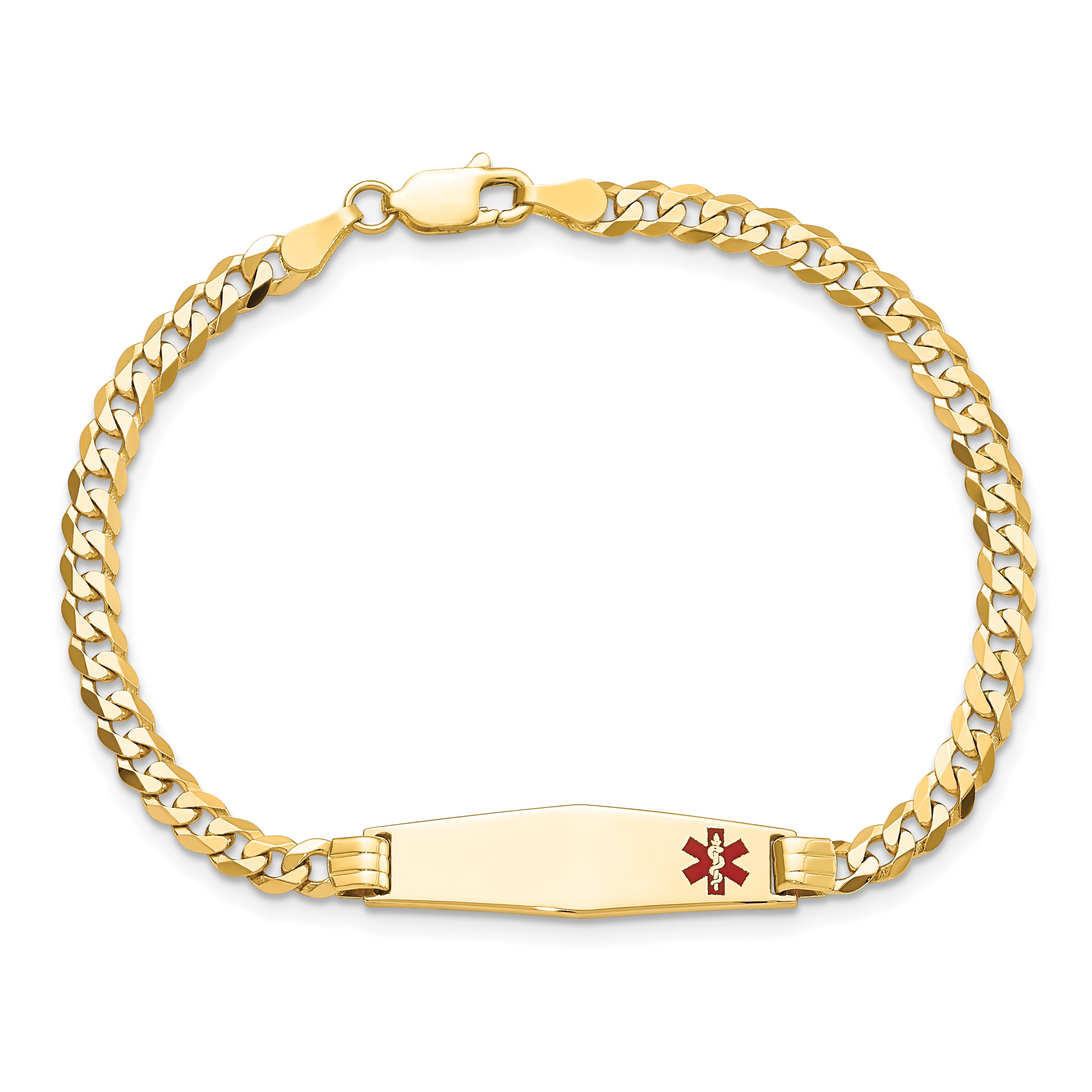 14K Medical Solid Chain/Solid Plate 26x7mm Soft Diamond Shape Off-Center Red Enamel Curb Link 7 inch ID Bracelet