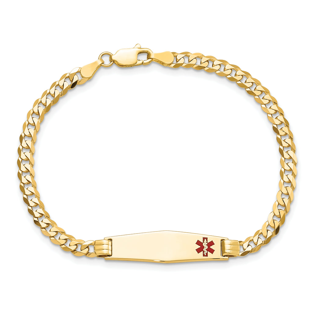14K Medical Solid Chain/Solid Plate 26x7mm Soft Diamond Shape Off-Center Red Enamel Curb Link 8 inch ID Bracelet