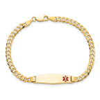 14K Medical Solid Chain/Solid Plate 26x7mm Soft Diamond Shape Off-Center Red Enamel Curb Link 8 inch ID Bracelet