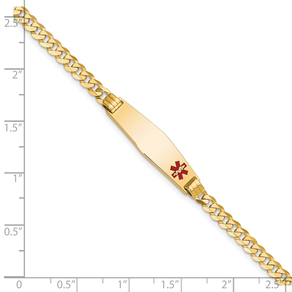 14K Medical Solid Chain/Solid Plate 26x7mm Soft Diamond Shape Off-Center Red Enamel Curb Link 7 inch ID Bracelet
