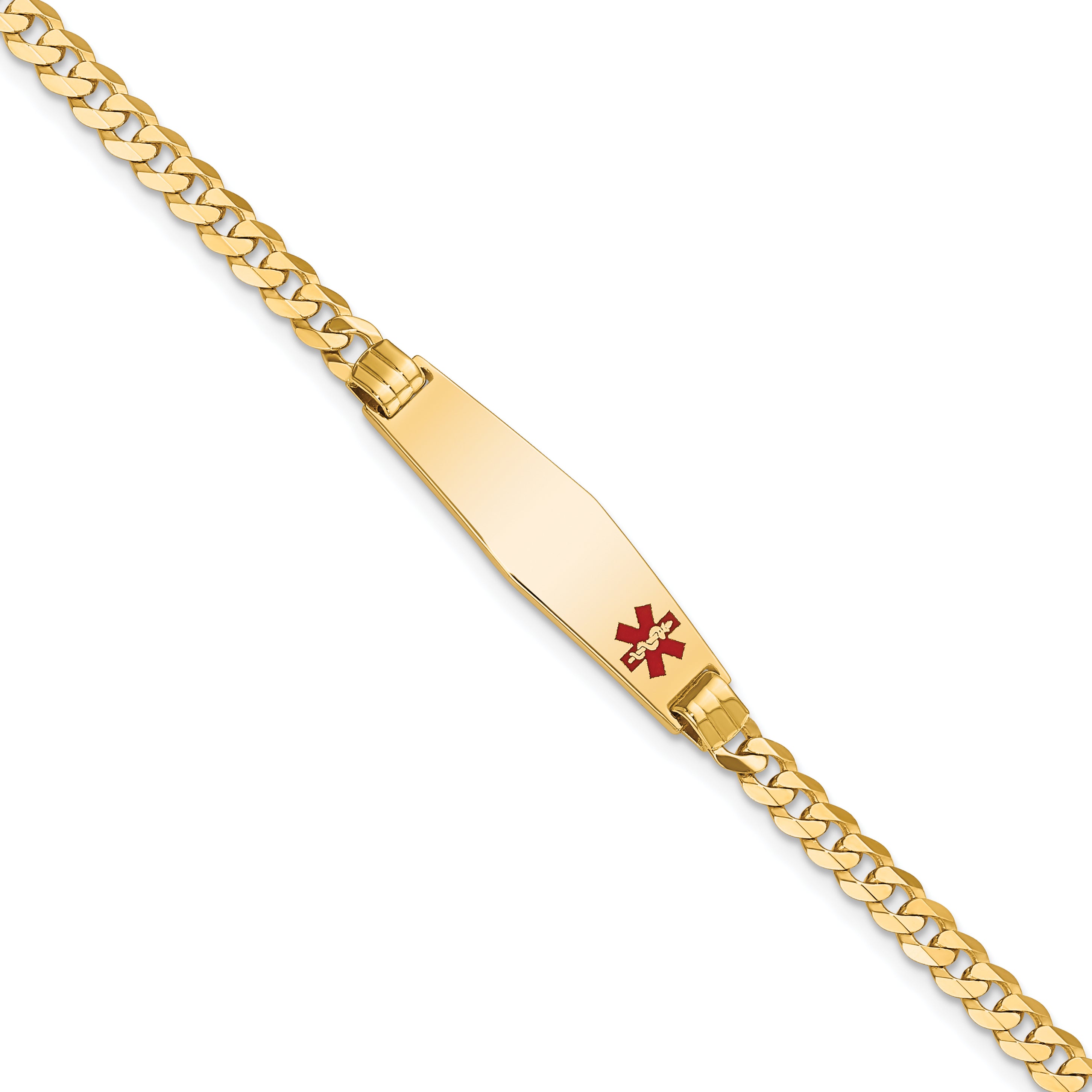 14K Medical Solid Chain/Solid Plate 26x7mm Soft Diamond Shape Off-Center Red Enamel Curb Link 8 inch ID Bracelet Main image