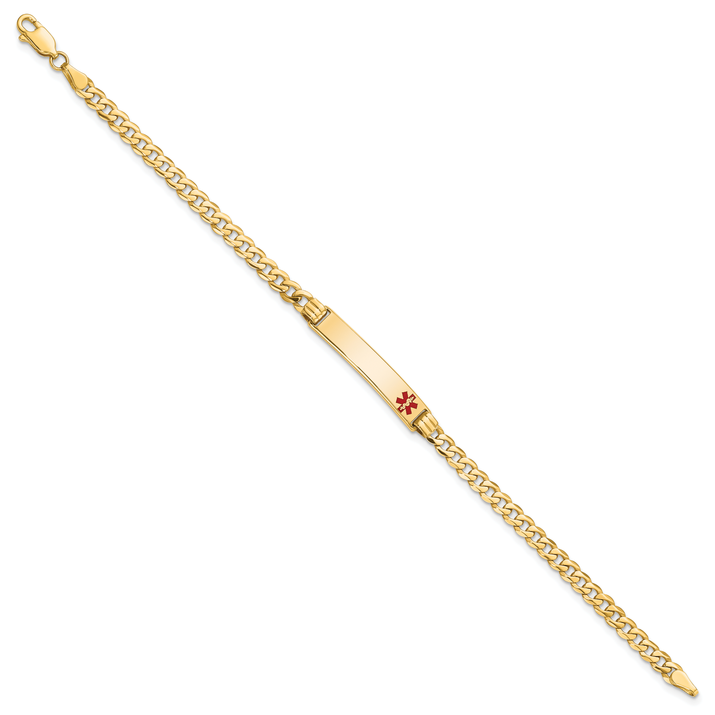 14K Medical Solid Chain/Solid Plate 26x5mm Off-Center Red Enamel Curb Link 7 inch ID Bracelet