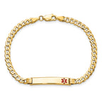 14K Medical Solid Chain/Solid Plate 26x5mm Off-Center Red Enamel Curb Link 7 inch ID Bracelet