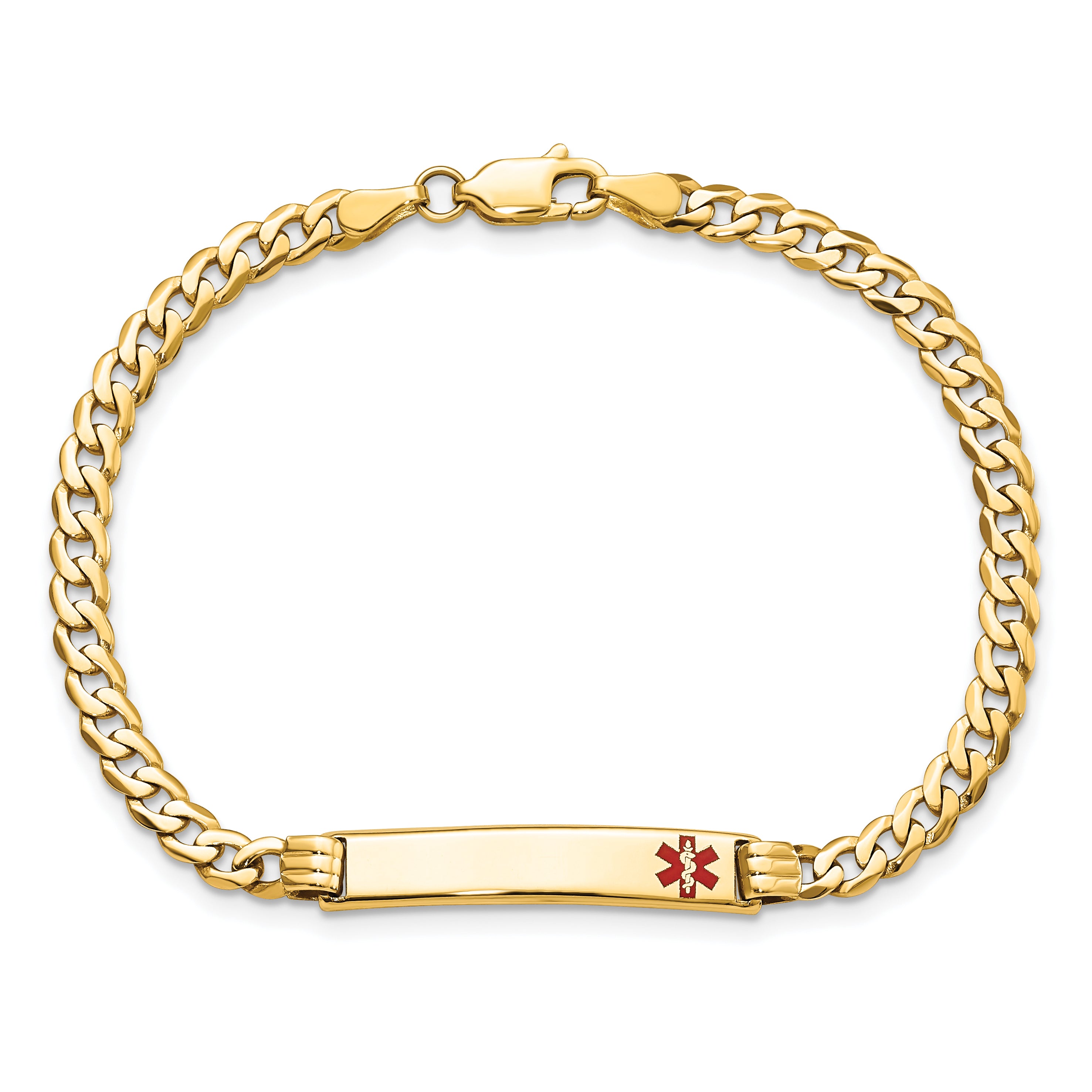 14K Medical Solid Chain/Solid Plate 26x5mm Off-Center Red Enamel Curb Link 7 inch ID Bracelet