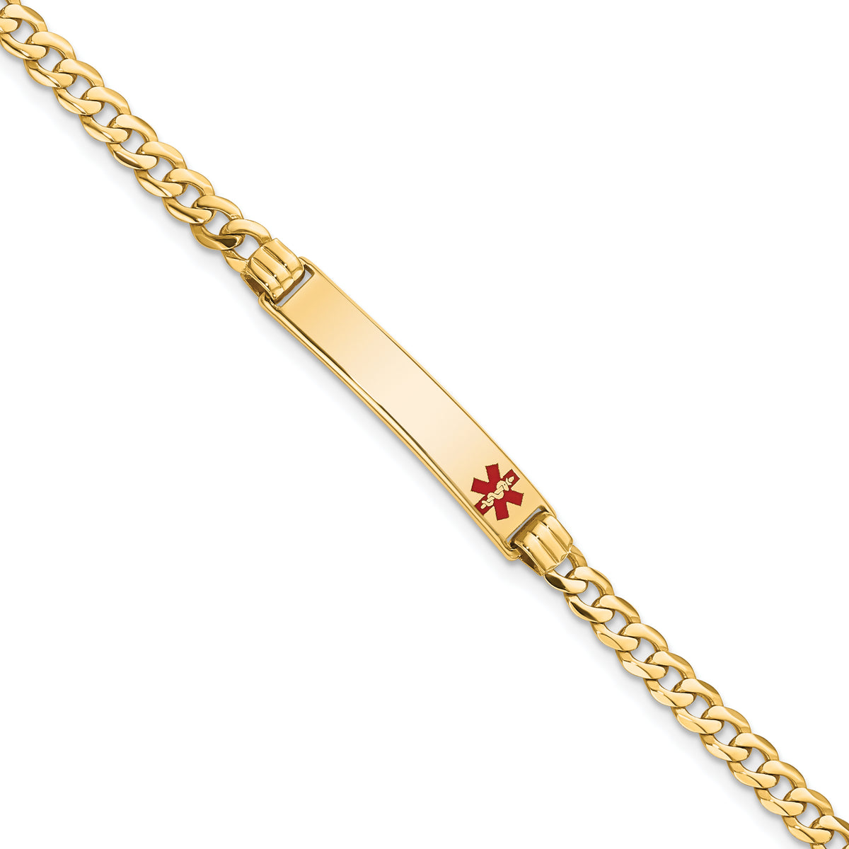 14K Medical Solid Chain/Solid Plate 26x5mm Off-Center Red Enamel Curb Link 7 inch ID Bracelet