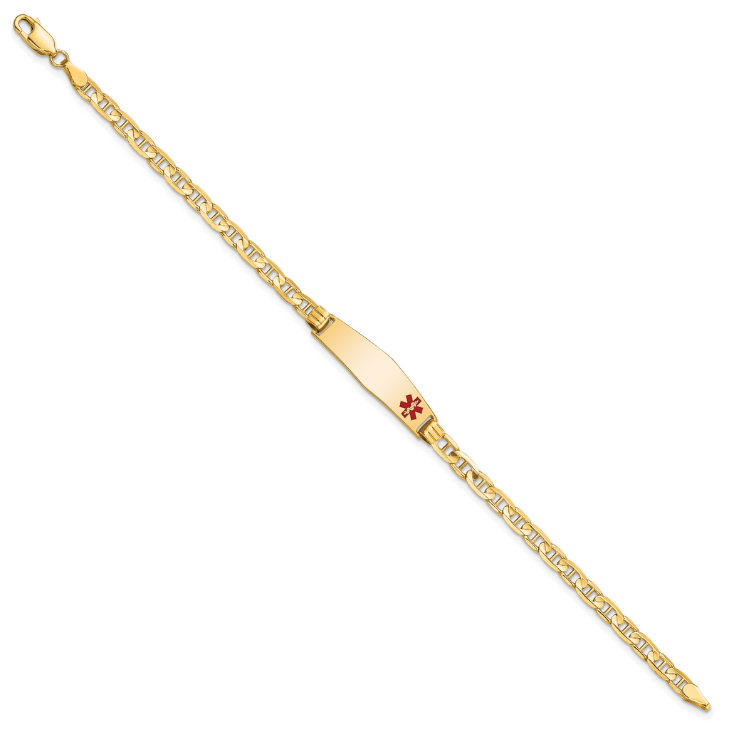 14K Medical Solid Chain/Solid Plate 26x7mm Soft Diamond Shape Off-Center Red Enamel Anchor Link 7 inch ID Bracelet