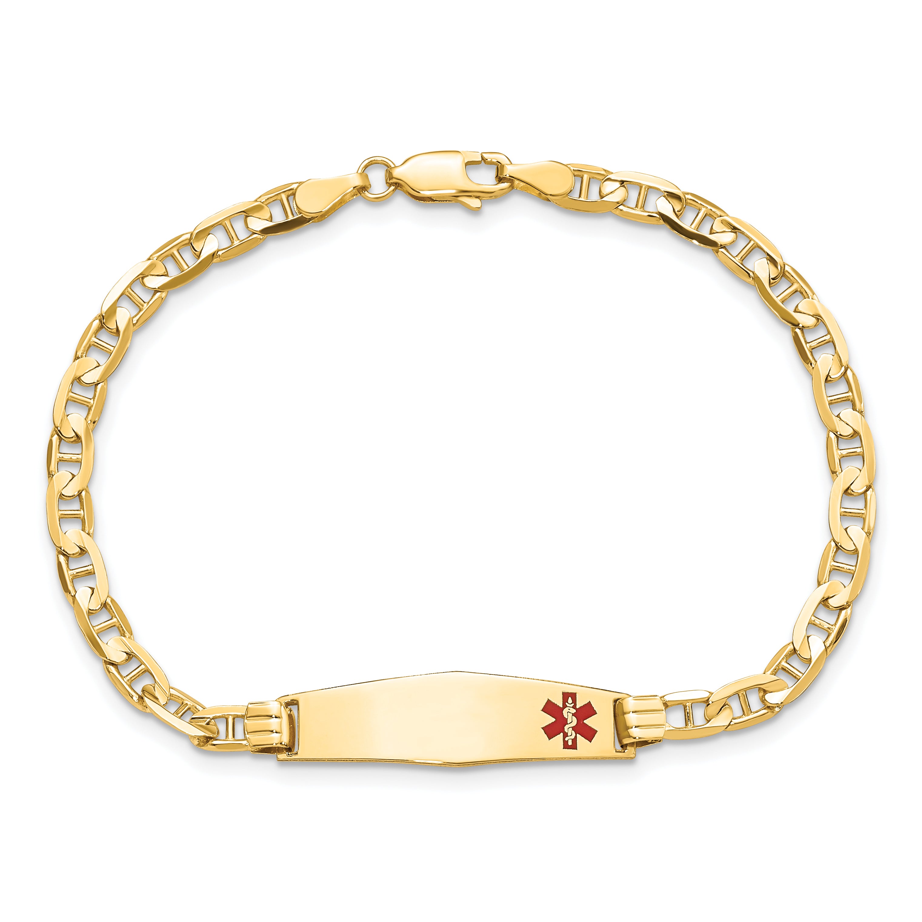 14K Medical Solid Chain/Solid Plate 26x7mm Soft Diamond Shape Off-Center Red Enamel Anchor Link 7 inch ID Bracelet
