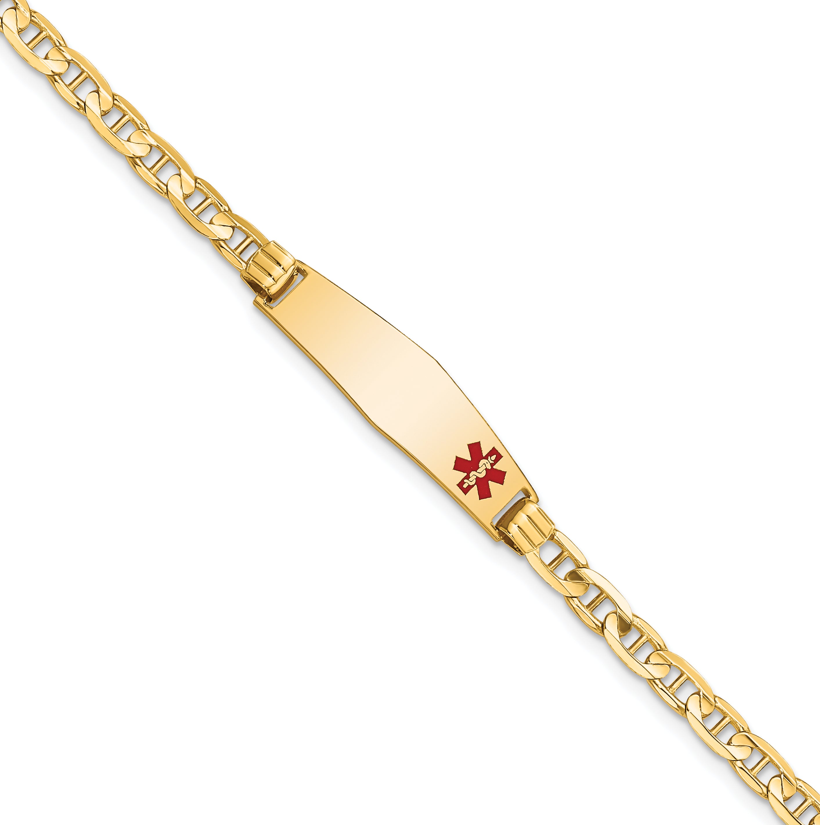 14K Medical Solid Chain/Solid Plate 26x7mm Soft Diamond Shape Off-Center Red Enamel Anchor Link 7 inch ID Bracelet