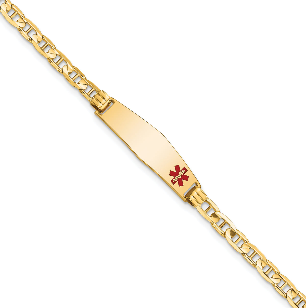 14K Medical Solid Chain/Solid Plate 26x7mm Soft Diamond Shape Off-Center Red Enamel Anchor Link 7 inch ID Bracelet