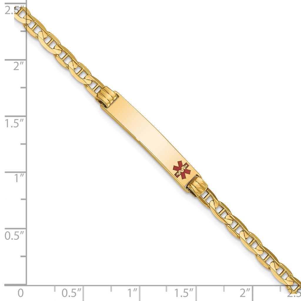 14K Medical Solid Chain/Solid Plate 26x5mm Off-Center Red Enamel Anchor Link 8 inch ID Bracelet