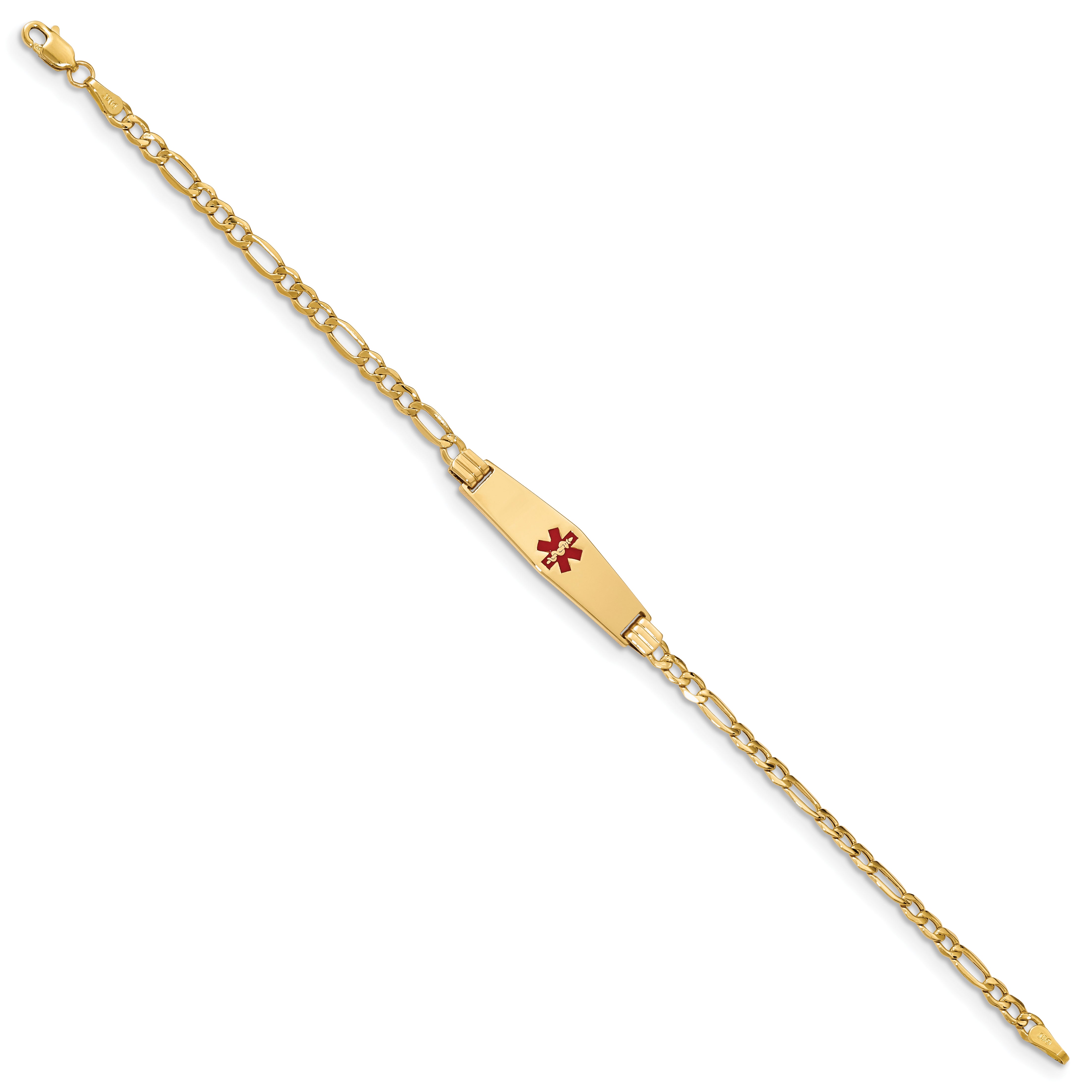 14K Medical Semi-Solid Chain/Solid Plate 26x7mm Soft Diamond Shape Centered Red Enamel Figaro Link 7 inch ID Bracelet