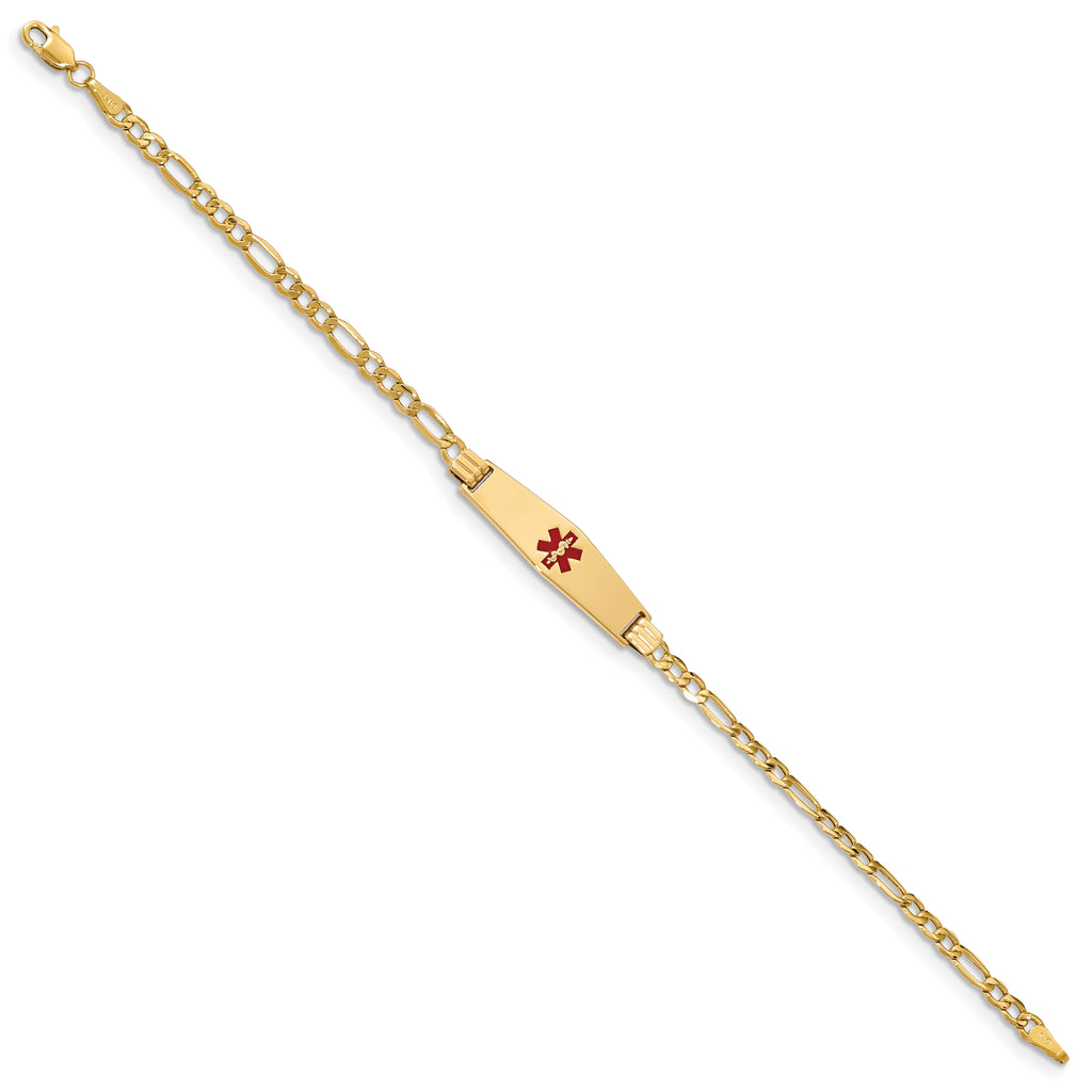 14K Medical Semi-Solid Chain/Solid Plate 26x7mm Soft Diamond Shape Centered Red Enamel Figaro Link 8 inch ID Bracelet