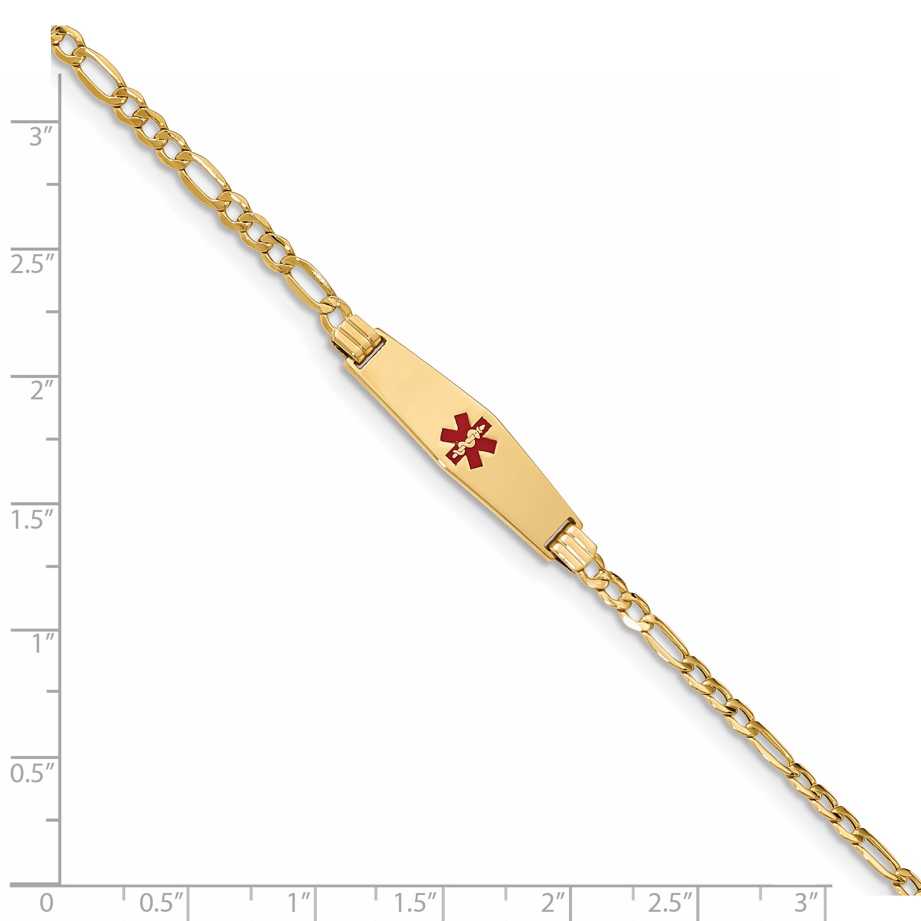 14K Medical Semi-Solid Chain/Solid Plate 26x7mm Soft Diamond Shape Centered Red Enamel Figaro Link 7 inch ID Bracelet