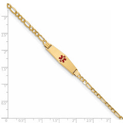 14K Medical Semi-Solid Chain/Solid Plate 26x7mm Soft Diamond Shape Centered Red Enamel Figaro Link 7 inch ID Bracelet