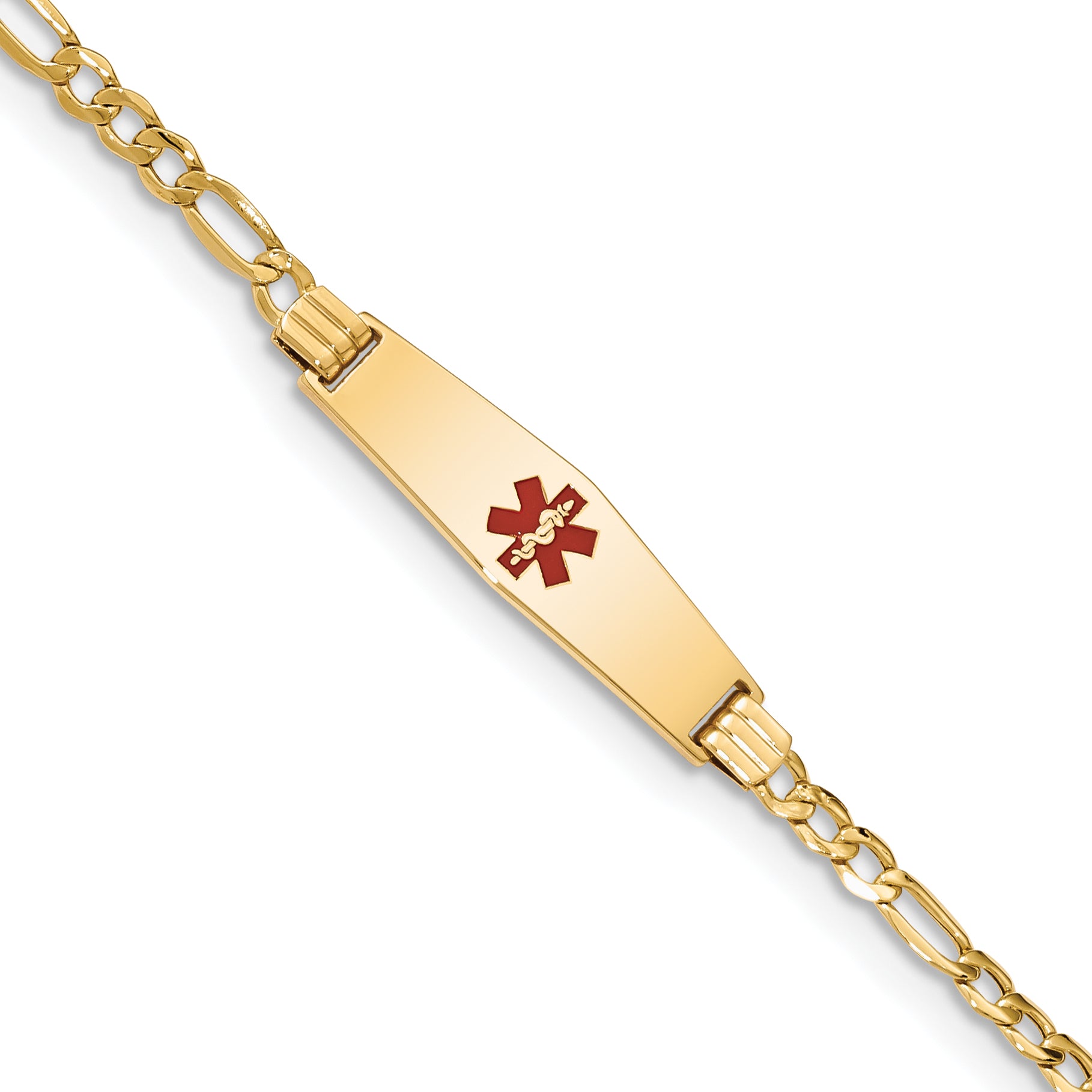 14K Medical Semi-Solid Chain/Solid Plate 26x7mm Soft Diamond Shape Centered Red Enamel Figaro Link 7 inch ID Bracelet Main image