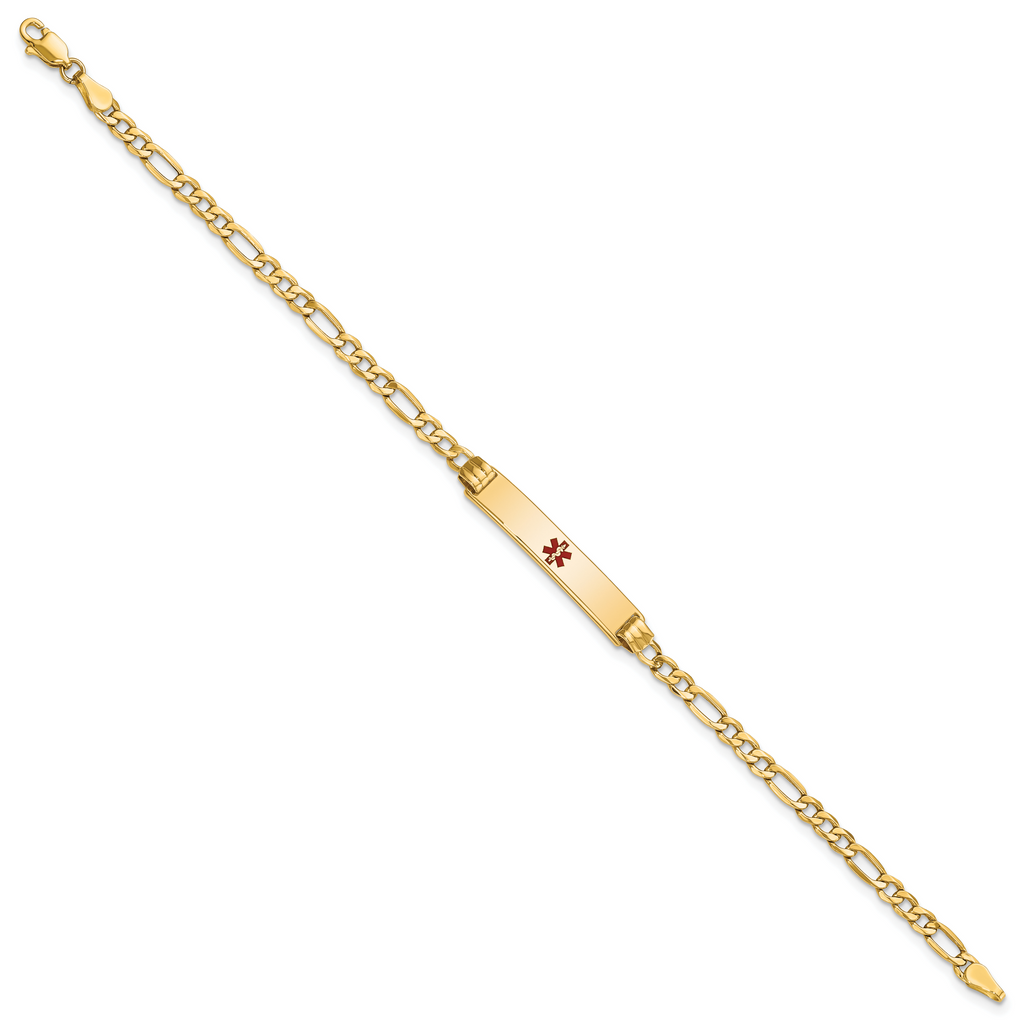 14K Medical Semi-Solid Chain/Solid Plate 26x5mm Centered Red Enamel Figaro Link 7 inch ID Bracelet