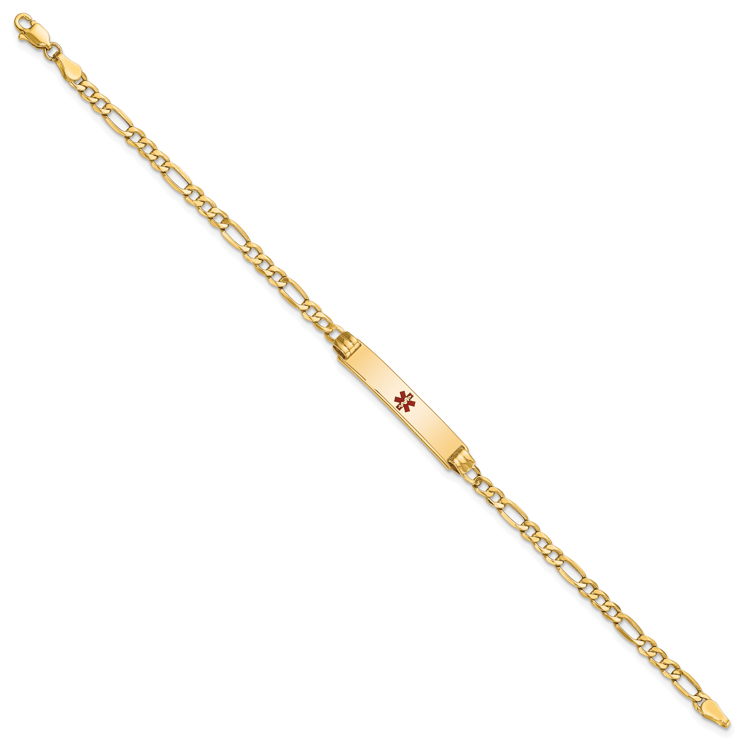 14K Medical Semi-Solid Chain/Solid Plate 26x5mm Centered Red Enamel Figaro Link 7 inch ID Bracelet