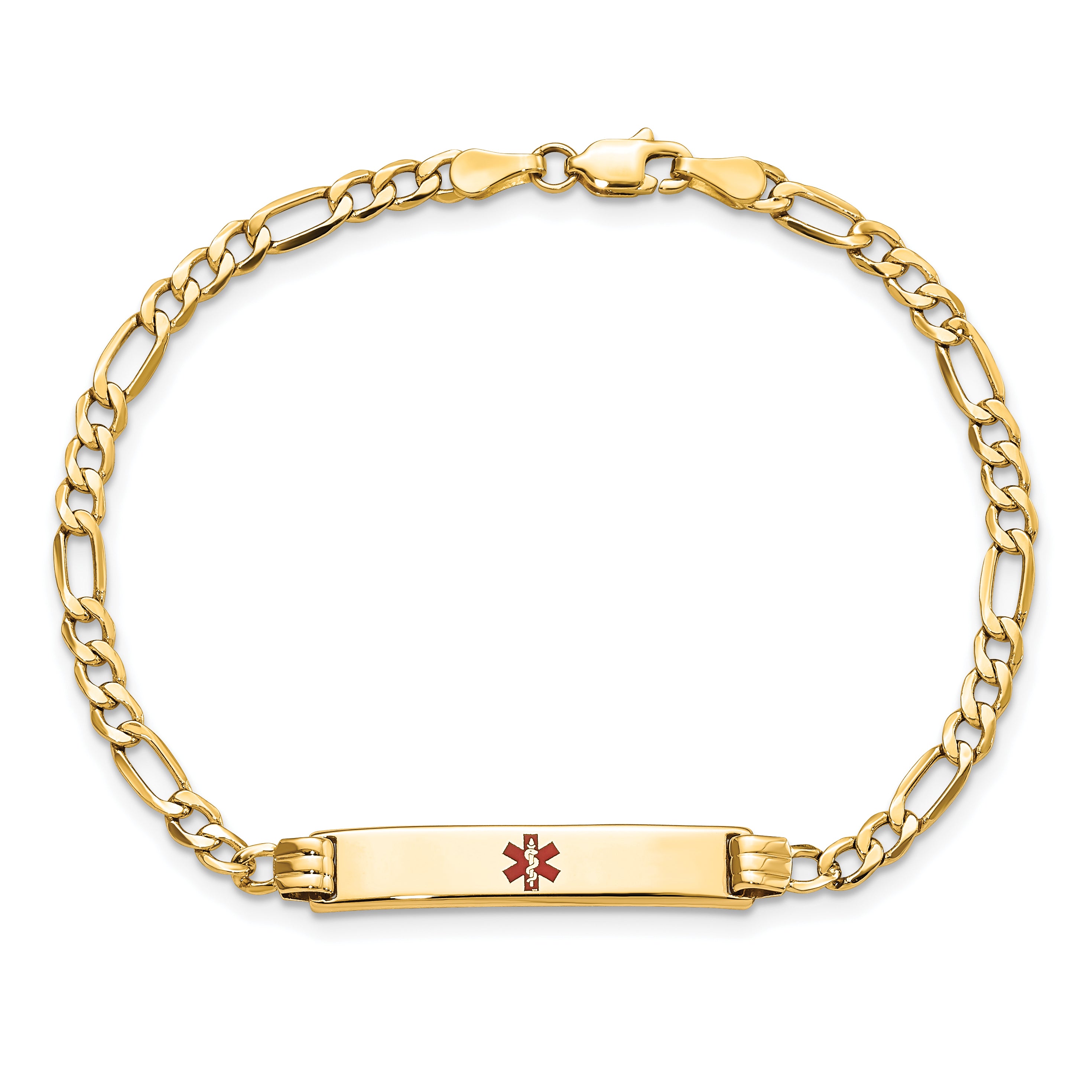14K Medical Semi-Solid Chain/Solid Plate 26x5mm Centered Red Enamel Figaro Link 7 inch ID Bracelet