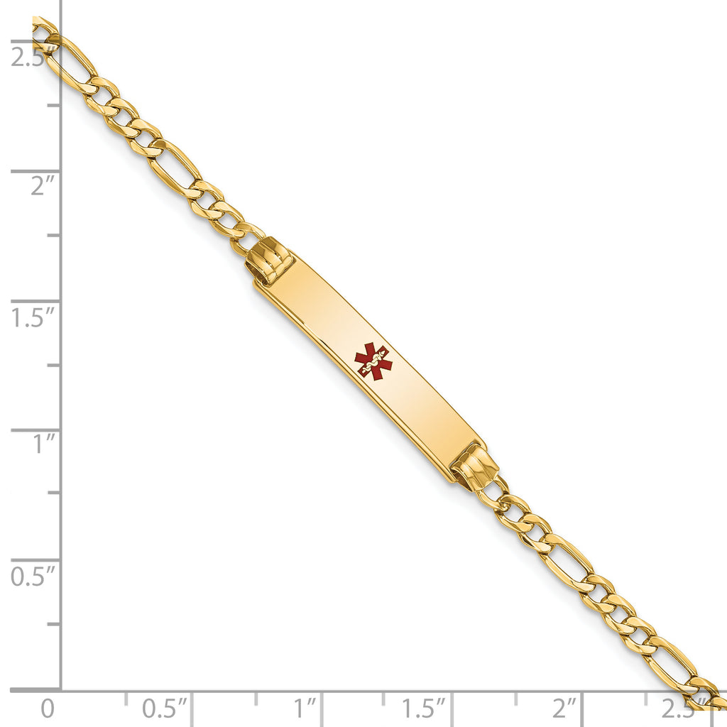 14K Medical Semi-Solid Chain/Solid Plate 26x5mm Centered Red Enamel Figaro Link 7 inch ID Bracelet