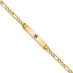 14K Medical Semi-Solid Chain/Solid Plate 26x5mm Centered Red Enamel Figaro Link 7 inch ID Bracelet