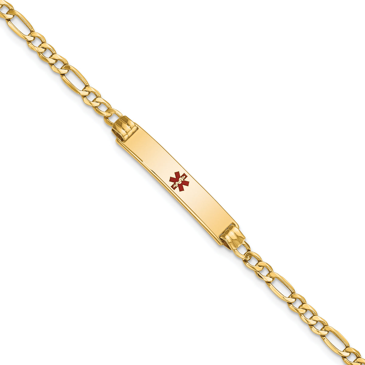 14K Medical Semi-Solid Chain/Solid Plate 26x5mm Centered Red Enamel Figaro Link 7 inch ID Bracelet