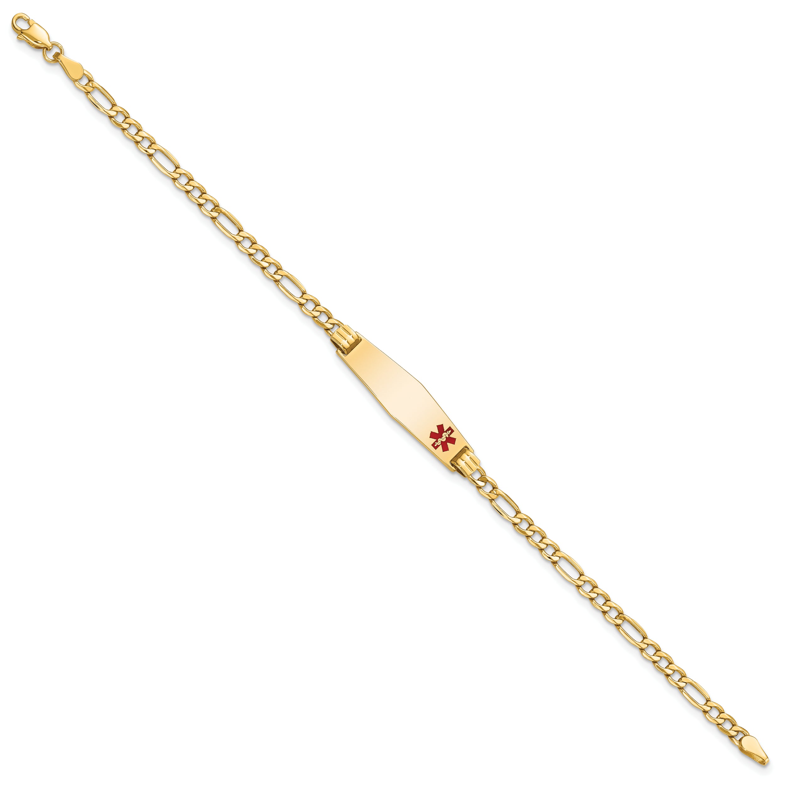 14K Medical Semi-Solid Chain/Solid Plate 26x7mm Soft Diamond Shape Off-Center Red Enamel Figaro Link 7 inch ID Bracelet