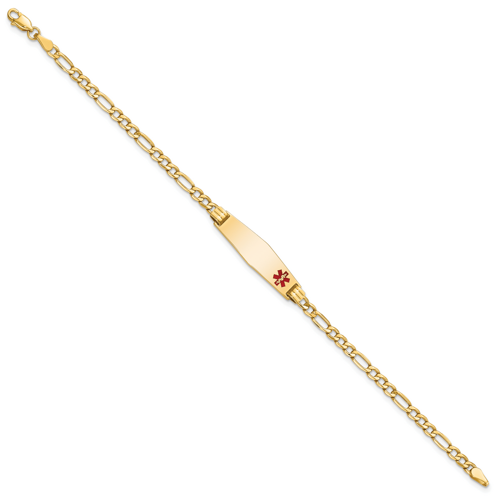 14K Medical Semi-Solid Chain/Solid Plate 26x7mm Soft Diamond Shape Off-Center Red Enamel Figaro Link 7 inch ID Bracelet
