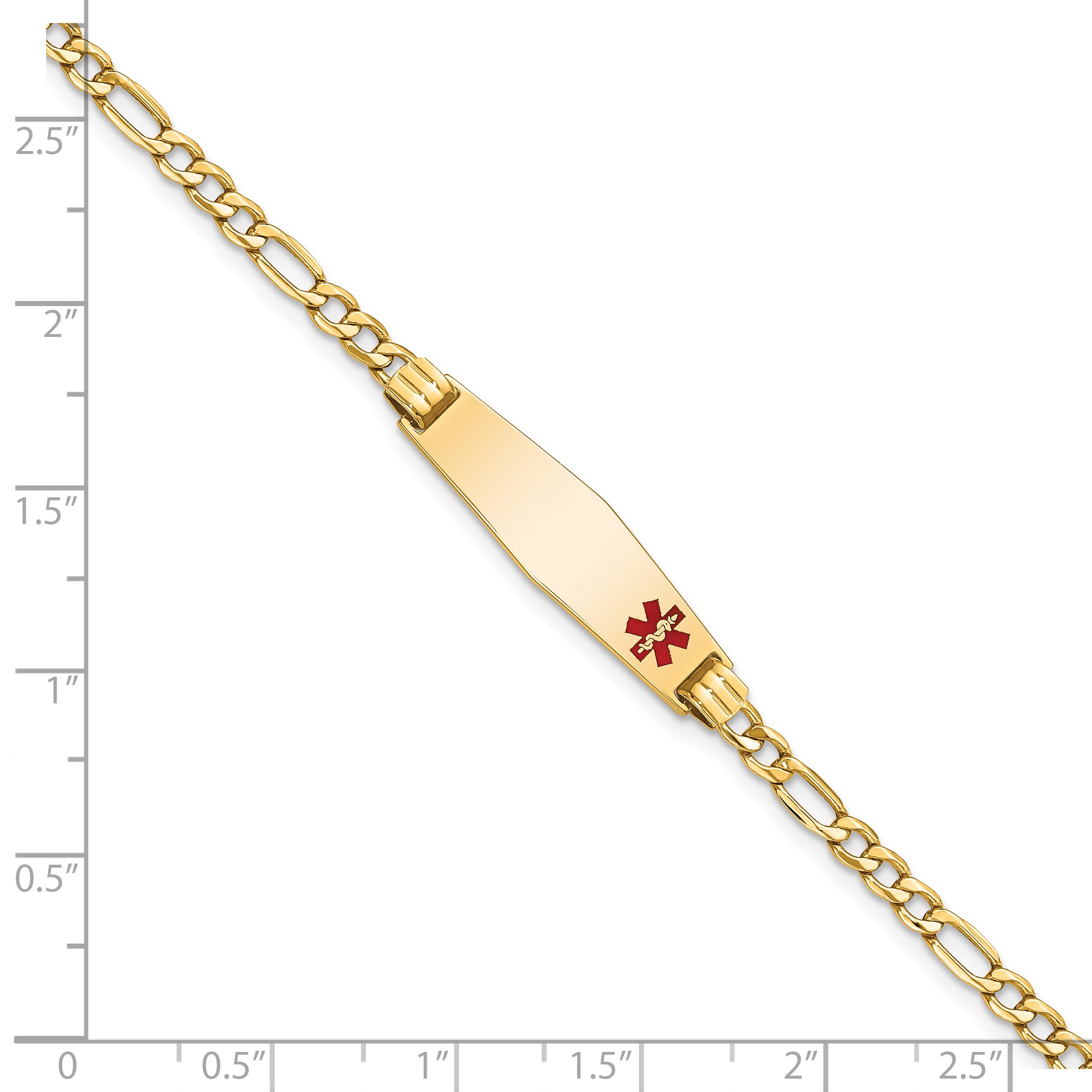 14K Medical Semi-Solid Chain/Solid Plate 26x7mm Soft Diamond Shape Off-Center Red Enamel Figaro Link 7 inch ID Bracelet