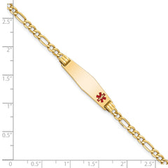 14K Medical Semi-Solid Chain/Solid Plate 26x7mm Soft Diamond Shape Off-Center Red Enamel Figaro Link 7 inch ID Bracelet