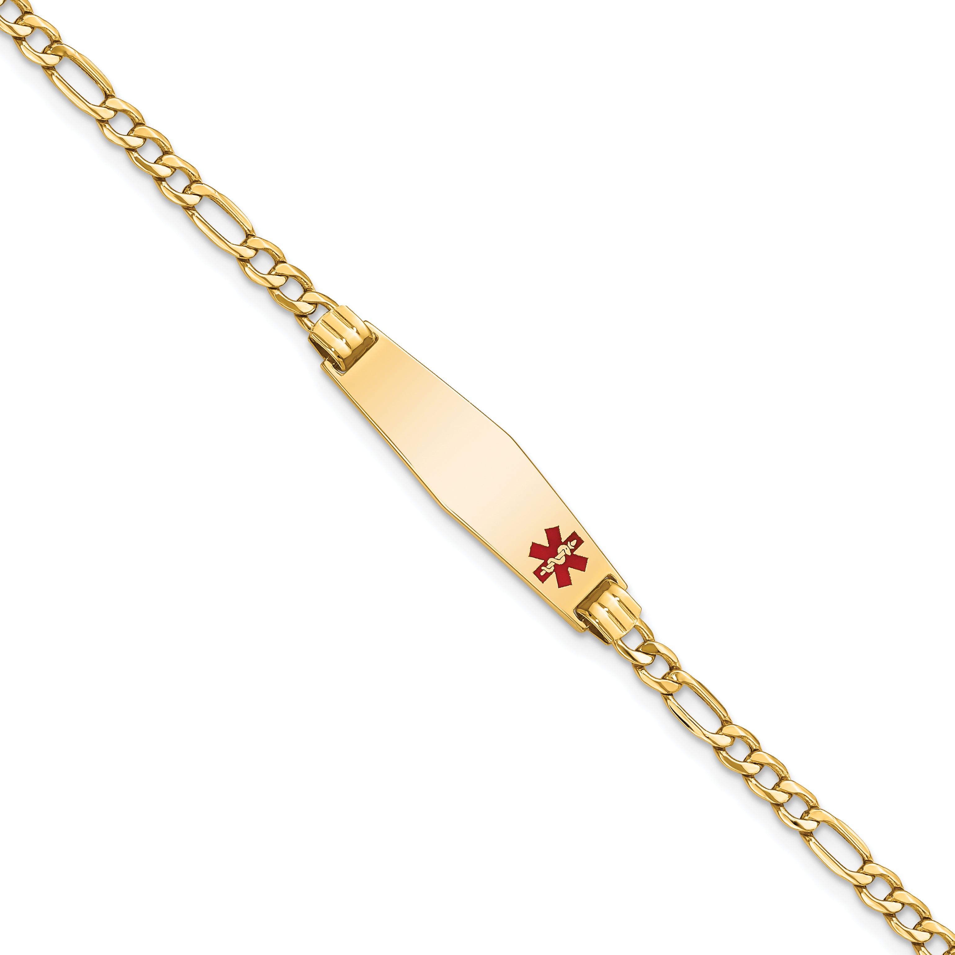 14K Medical Semi-Solid Chain/Solid Plate 26x7mm Soft Diamond Shape Off-Center Red Enamel Figaro Link 7 inch ID Bracelet Main image