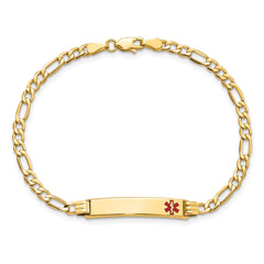 14k Medical Semi-Solid Chain/Solid Plate 26x5mm Off-Center Red Enamel Figaro Link 7 inch ID Bracelet