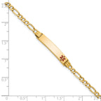 14k Medical Semi-Solid Chain/Solid Plate 26x5mm Off-Center Red Enamel Figaro Link 7 inch ID Bracelet