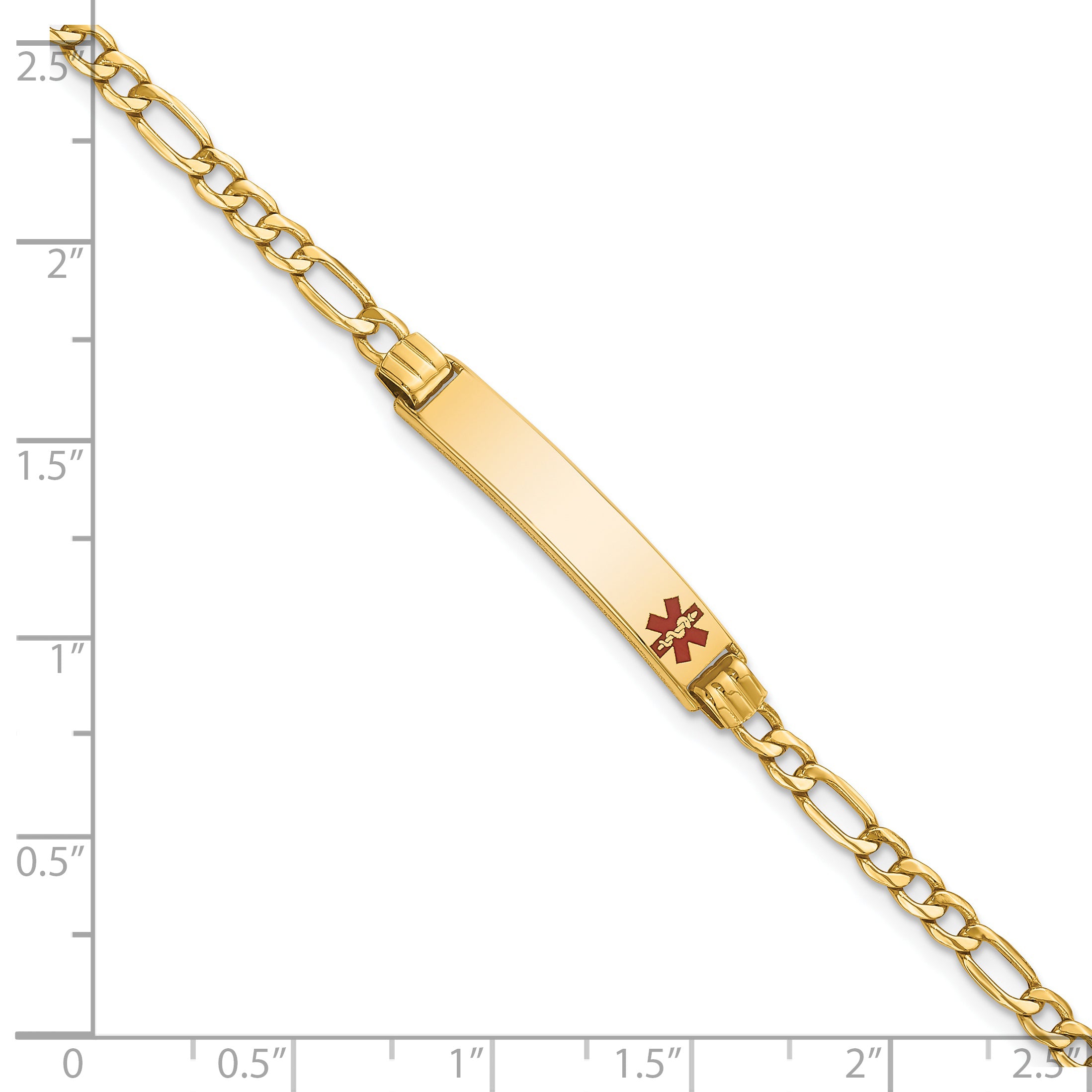 14k Medical Semi-Solid Chain/Solid Plate 26x5mm Off-Center Red Enamel Figaro Link 8 inch ID Bracelet