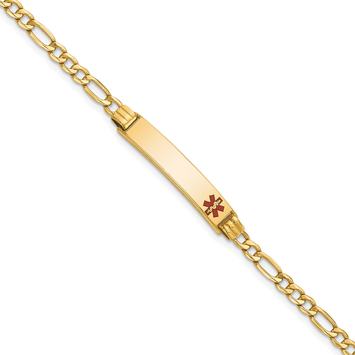 14k Medical Semi-Solid Chain/Solid Plate 26x5mm Off-Center Red Enamel Figaro Link 7 inch ID Bracelet