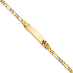 14k Medical Semi-Solid Chain/Solid Plate 26x5mm Off-Center Red Enamel Figaro Link 7 inch ID Bracelet