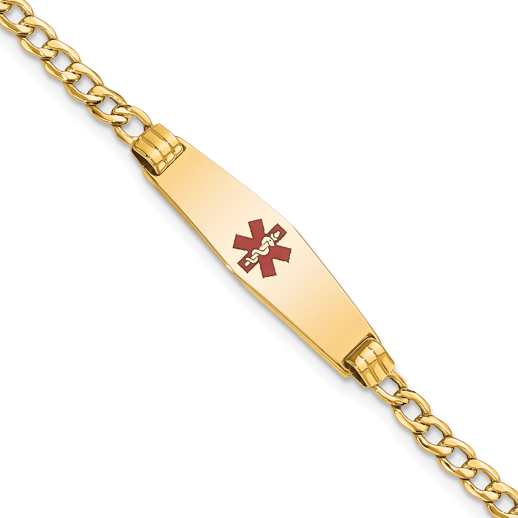 14K Medical Semi-Solid Chain/Solid Plate 26x7mm Soft Diamond Shape Centered Red Enamel Cuban Link 8 inch ID Bracelet Main image