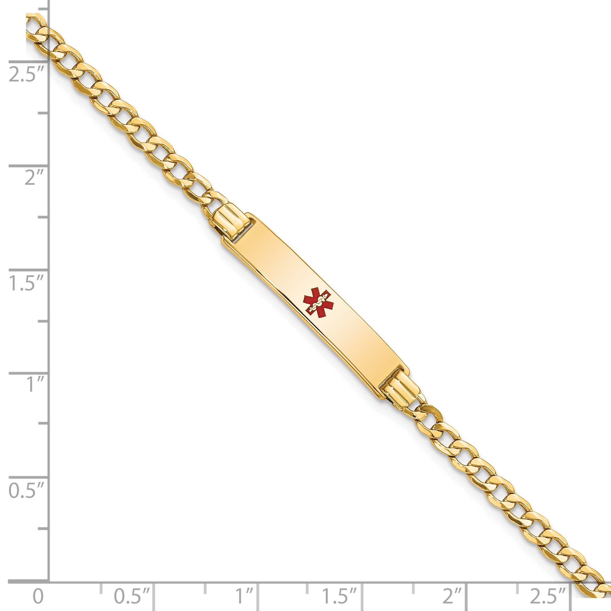 14K Medical Semi-Solid Chain/Solid Plate 26x5mm Centered Red Enamel Cuban Link 7 inch ID Bracelet