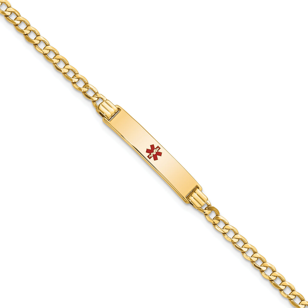 14K Medical Semi-Solid Chain/Solid Plate 26x5mm Centered Red Enamel Cuban Link 7 inch ID Bracelet